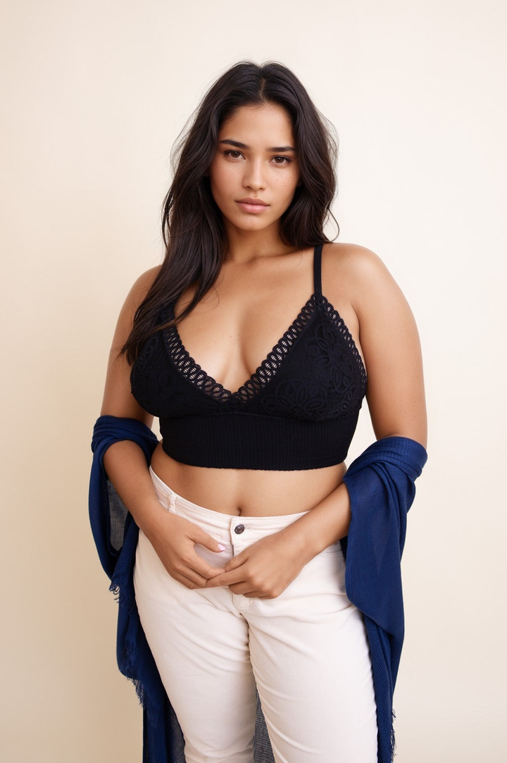 Curvy waistband loop lace black brami plus size with soft stretch fit.