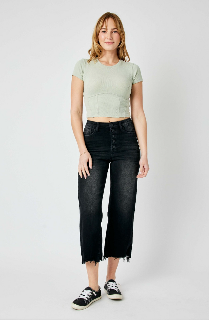 High Waist Destroyed Hem Wide Jeans -JB88829BK (Ready To Ship)