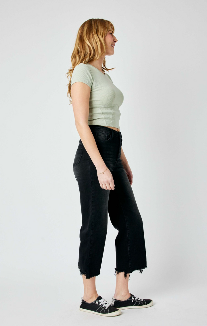 High Waist Destroyed Hem Wide Jeans -JB88829BK (Ready To Ship)
