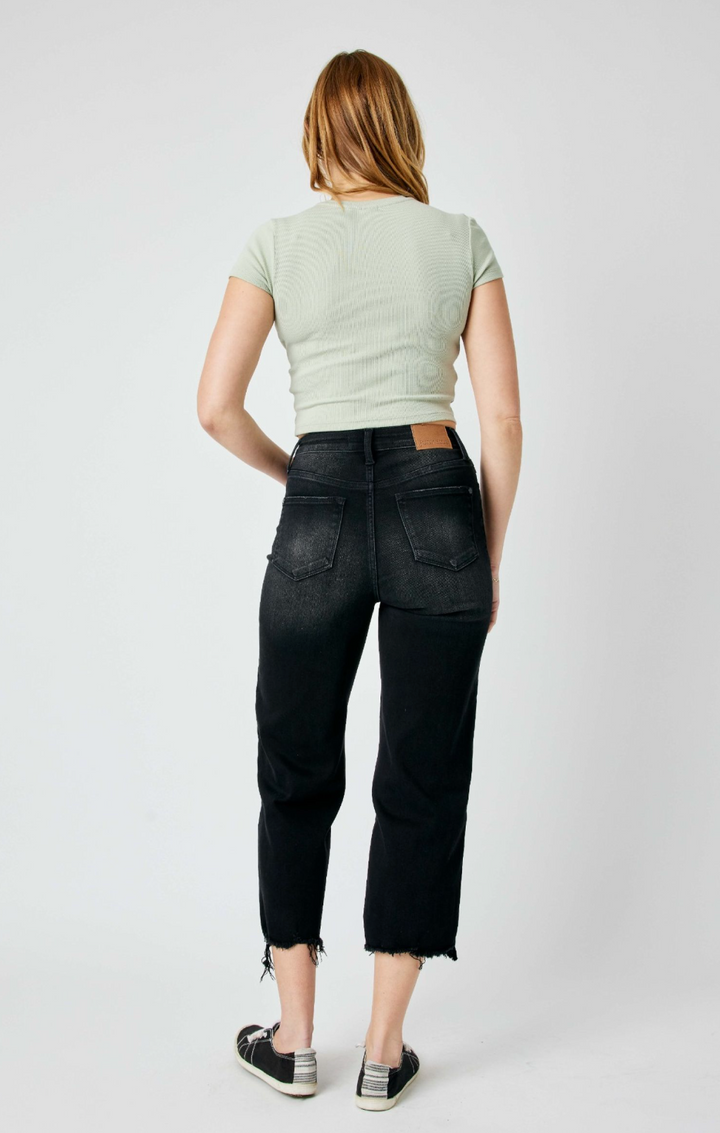 High Waist Destroyed Hem Wide Jeans -JB88829BK (Ready To Ship)