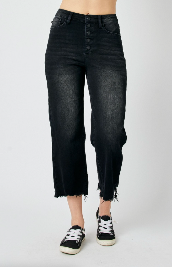 High Waist Destroyed Hem Wide Jeans -JB88829BK (Ready To Ship)