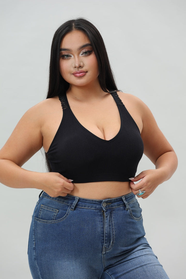 Plus Size Seamless Front Lace Racerback Bralette – Soft Stretch Fit