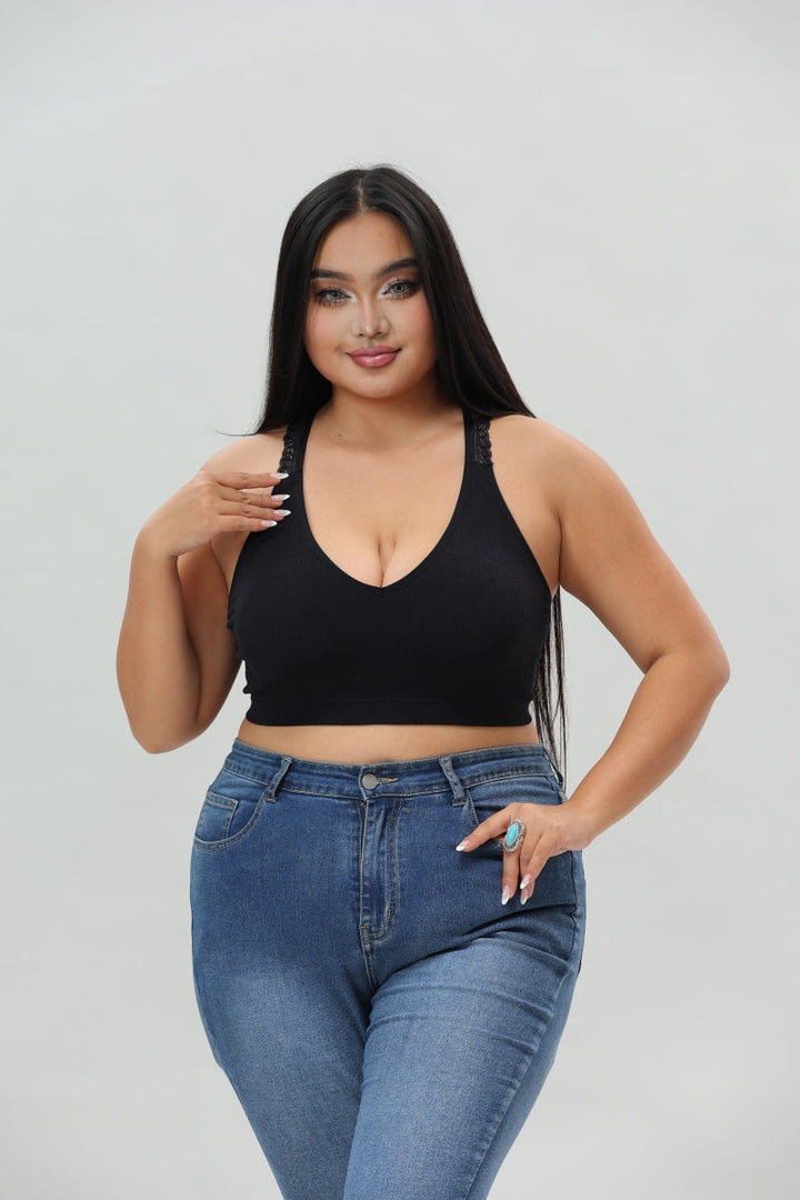 Plus Size Seamless Front Lace Racerback Bralette – Soft Stretch Fit